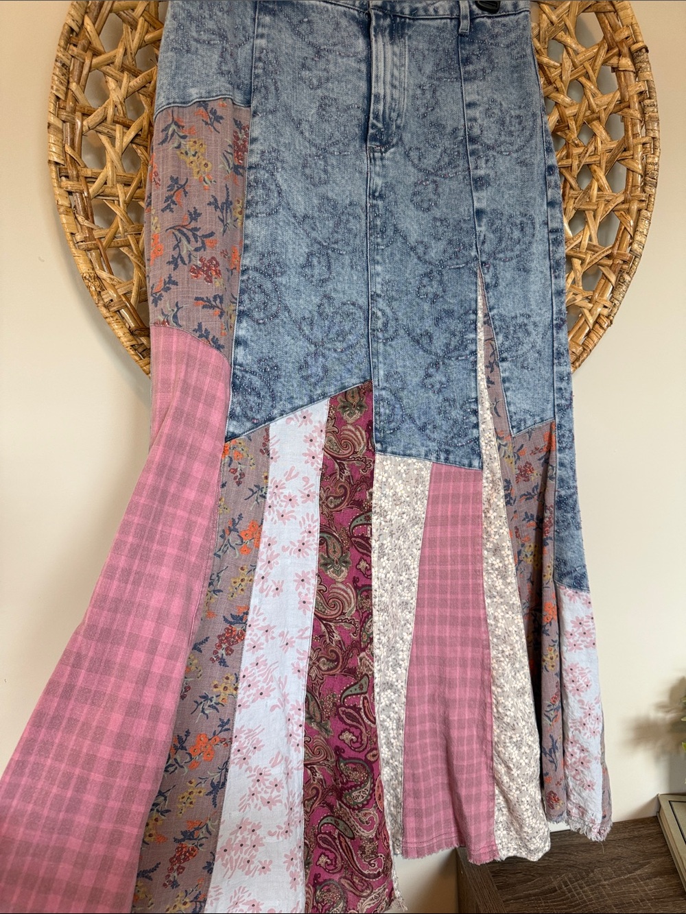 Blue Velvet Brand Boho Patchwork Denim Maxi Skirt - Pink & Blue - Picture 6 of 16